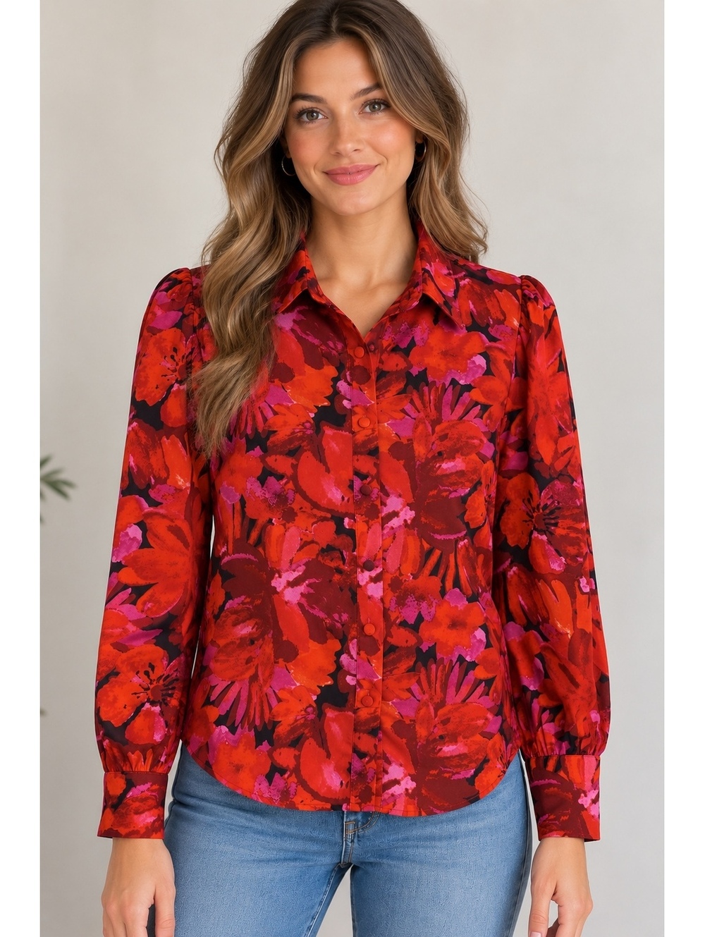 BTFBM Women's Small Red Pink Orange Floral Button Down Blouse